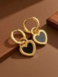 RAYQUEEN 1 Pair Stainless Steel Double-Sided Heart Pendant Earrings, Suitable For Daily Wear - Yellow Gold - View 2