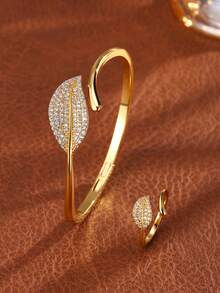 2pcs Shiny Elegant Leaf & Star Women Bracelet & Ring Set, Suitable For Banquet Party And Evening Gown Occasions - Leaf - View 1