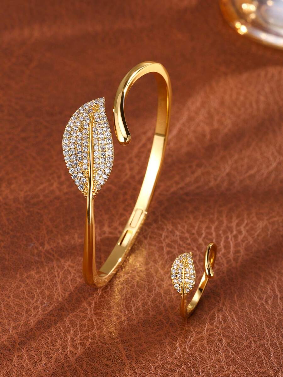 2pcs Shiny Elegant Leaf & Star Women Bracelet & Ring Set, Suitable For Banquet Party And Evening Gown Occasions - Leaf - View 1