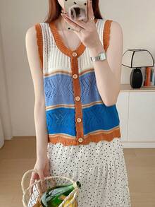 蓝白橙撞色镂空针织背心，V领单排扣无袖开衫 春季 - 藍白色 - 查看 2