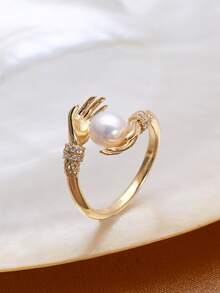 1pc 18K Gold Plated Natural Freshwater Pearl & Cubic Zirconia Adjustable Ring, Mother's Day, Valentine's Day, Birthday, Wedding Bride Gift - Hands - View 1