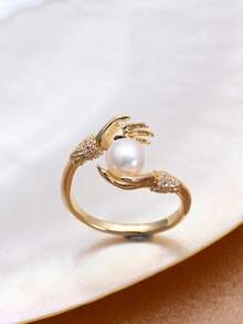1pc 18K Gold Plated Natural Freshwater Pearl & Cubic Zirconia Adjustable Ring, Mother's Day, Valentine's Day, Birthday, Wedding Bride Gift - Hands - View 5