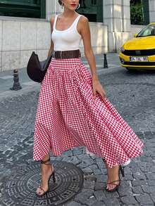 Falda A-line versátil de talle alto a cuadros para mujer, adecuada para primavera y verano, color rojo - Rojo - Ver 2
