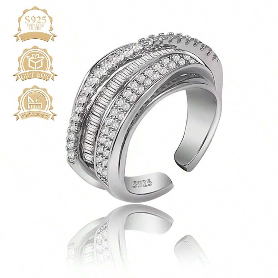 1pc Luxury Fashion Elegant Unique 925 Sterling Silver Synthetic Cubic Zirconia Geometric Line Open Ring, Suitable For Women's Vacation, Party, Banquet - Silver - View 1