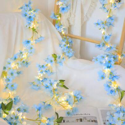 1条6.56英尺（约2米）长的花藤灯串，LED灯串，人造装饰灯，春季装饰，家居装饰，带灯花环，婚礼装饰，暖白光电池供电（无需电池），粉色仿真花，墙面装饰，房间灯，适用于卧室、客厅、楼梯、窗户、婚礼、季节性装饰