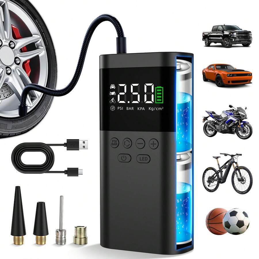 CamelParty A Smart Tire Inflator With Digital Display, A 150 PSI Wireless Air Pump For Vehicles, Automatic Inflation Detection And Cut-Off Function, An LED Flashlight For Nighttime Use, Support For 5V USB Discharge, And A Power Bank For Mobile Phones/Tablets. - Không dây - Xem 1