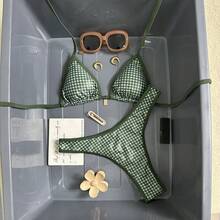 Bộ bikini kim loại kẻ caro gợi cảm phong cách Y2K 2026, áo hai dây + quần buộc dây, đồ bơi nữ, trang phục đi biển, đồ bơi xuyên thấu cho ngày Valentine, món đồ cần thiết cho kỳ nghỉ hè. - kẻ sọc xanh - Xem 2