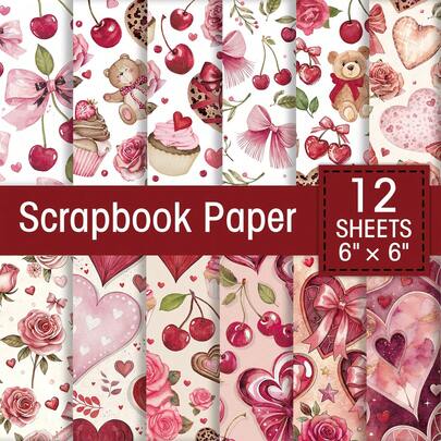 12 piezas Bloc de papel romántico y dulce con lazos de cereza para scrapbooking, papel artesanal con rosas y corazones para diarios, collages, tarjetas y decoración de álbumes de fotos, regalo para el Día de San Valentín y bodas