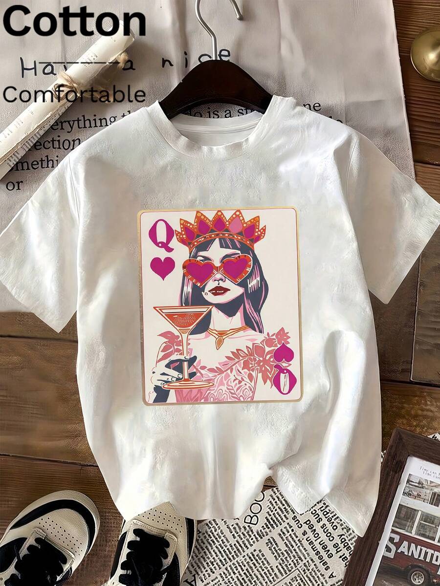 夏季時尚女裝紅心皇后撲克印花T卹，休閒短袖純棉T卹，舒適柔軟的Y2K街頭風，復古學院風上衣 - 白色 - 查看 1