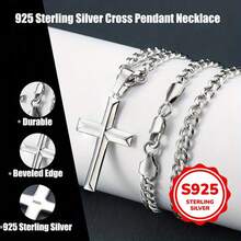 Sterling Silvery Cross Pendant Necklace, Stainless Steel Cuban Link Chain, Fashion Jewelry For Men, Curb Chock, Valentine'S Day Gift - 16.0吋鏈條 - 查看 3