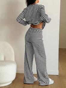 GLOpass 女士休闲黑白条纹圆领长袖睡衣套装，舒适两件套家居服，采用略带弹性的面料制成，春季款 - 黑與白 - 查看 2