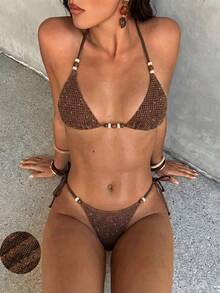 Sultry Sol Bộ bikini hai mảnh gợi cảm hở lưng, đính hạt cườm, móc len, dành cho nữ mùa xuân/hè, bao gồm áo và quần bikini buộc dây bên hông, thích hợp cho bãi biển, kỳ nghỉ và tiệc bể bơi. - màu nâu - Xem 4