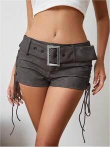 Vintage Style Faux Suede Dark Gray Solid Color Belt Accent Side Lace-Up Low-Rise Micro Shorts - Màu xám đen - Xem 3