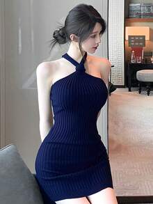 新款露背无肩带紧身针织迷你连衣裙，收腰修身短裙，性感风格，春夏款 - 寶藍色 - 查看 5