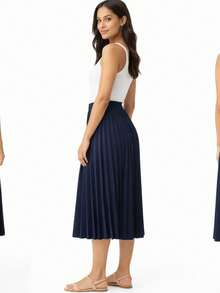 Casual Polyester Pleated Skirt, Casual Evening, Wedding, Office, Timeless - Màu xanh lam - Xem 2
