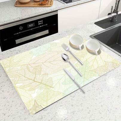1pc Super Absorbent Quick Dry Non-Slip Kitchen Mat - Dish Drying Mat With Green Leaf Pattern, Non-Slip Base, Suitable For Coffee Bar, Dining Table - Easy Clean Surface And Fast Drying Design, Fits Modern Or Traditional Kitchen, Coffee Bar Accessories, Stylish Home Decor