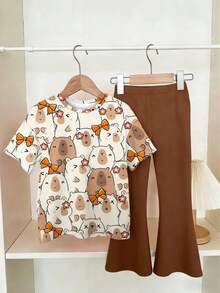 女童两件套，可爱甜美泰迪熊印花夏季套装，轻薄圆领T恤和裤子，适合日常休闲穿着 - 咖啡棕 - 查看 1