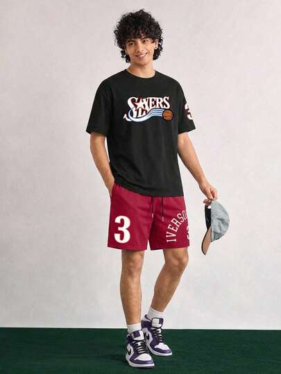 Open Phase 男士黑色圆领短袖T恤和红色运动短裤套装，字母数字篮球印花，休闲日常、通勤、运动装，春夏皆宜