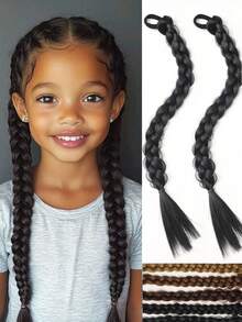 Chic Brown & Black & Gold Double Twist Braid Ponytail Extension - Synthetic Hair For Kids, Perfect For Daily Wear & Parties 2pcs - Multicolor - View 12