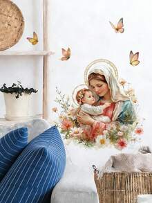 1pc Easter Virgin Mary & Baby Jesus Flower Wall Decal, Removable Wall Sticker For Bedroom, Living Room - 1PC - View 3