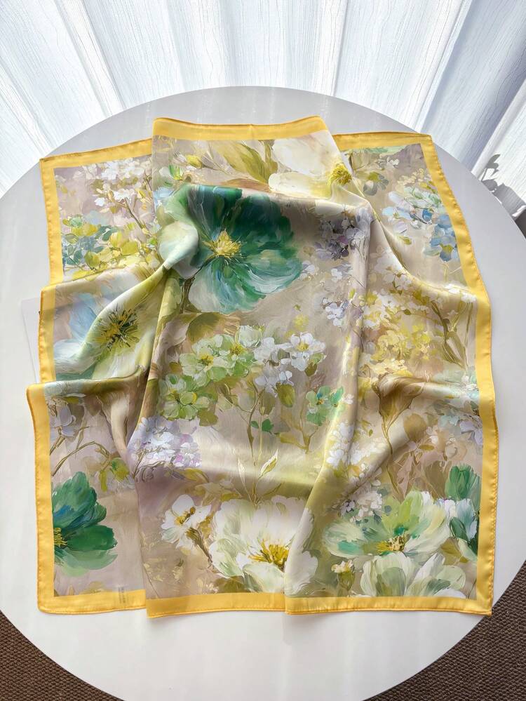 1 chiếc khăn vuông 65*65cm giả lụa, họa tiết hoa phối màu nghệ thuật mới, kiểu dáng mùa xuân/hè, đa năng cho nữ giới có thể dùng làm khăn trùm đầu, khăn quàng cổ, thắt lưng, phụ kiện túi xách, phù hợp cho các hoạt động ngoài trời, cưỡi ngựa, hẹn hò, du lịch, khiêu vũ đường phố, phát trực tiếp, chụp ảnh, đi biển, nghỉ lễ. - Màu vàng - Xem 2