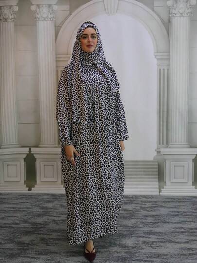 Long Sleeve Bishop Sleeve Prayer Robe, Decorated With Applique, Elegant Floral Print Abaya
