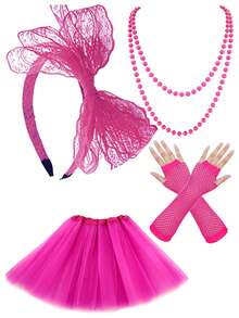 Bộ 4 món D EXCEED dành cho nữ: Váy tutu xếp lớp bằng vải tuyn, băng đô ren, vòng cổ neon và găng tay lưới hở ngón, thích hợp cho tiệc tùng thập niên 80, phong cách retro thập niên 80, trang phục lễ hội và thời trang hàng ngày. - Nhiều màu - Xem 11