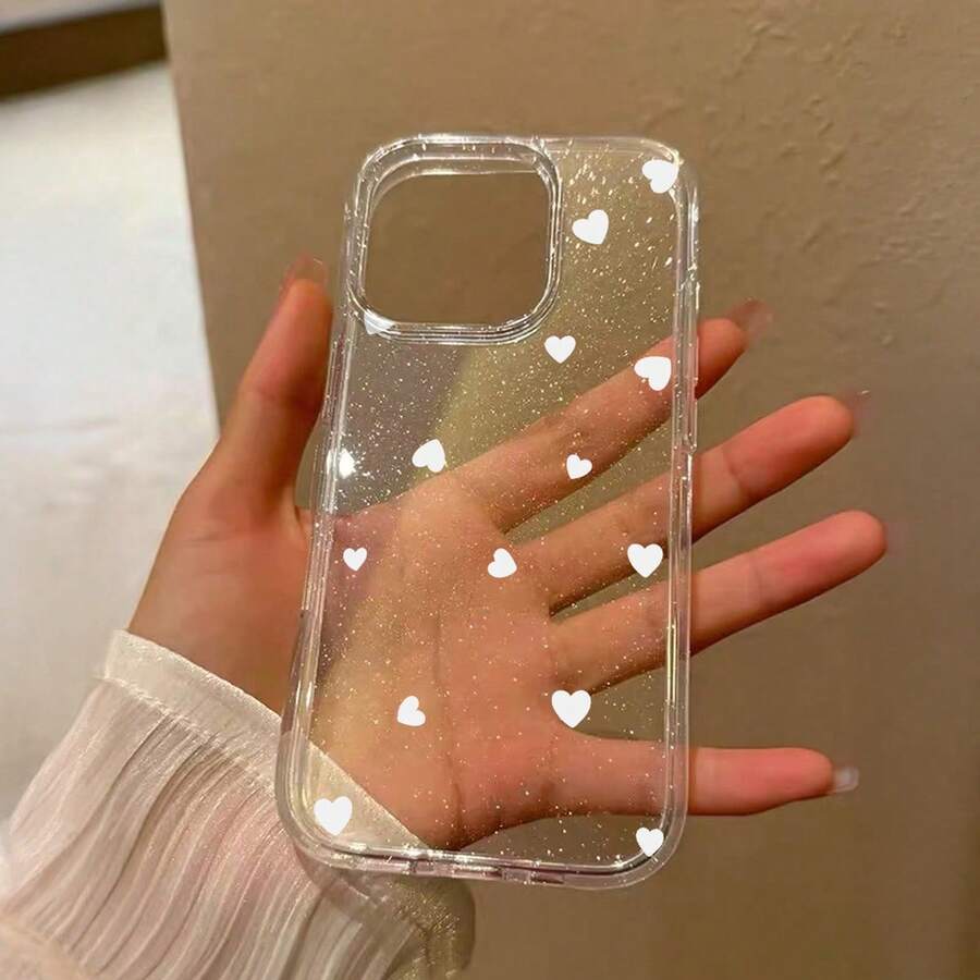 1pc White Heart Cute Pattern Luxury Glitter Transparent Full Body Shockproof TPU Fashion Phone Case Suitable For IPhone 11 12 13 14 15 16 17 Pro Max - White - View 1