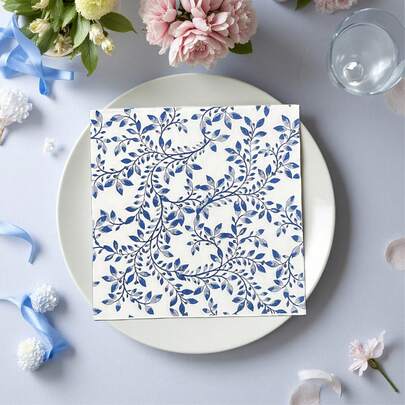 20/40pc Blue And White Porcelain Pattern Dinner Paper Napkins, 13*13inch, Double Layer, Disposable Blue Leaf Paper Towels, Soft& , Wedding And Birthday Novelty Essentials, Suitable For Bathroom, Kitchen, Restaurant, Home, Hotel, Holiday&Festive Party Supplies