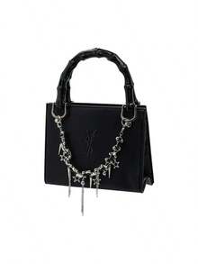 Yves Saint Laurent [Customized Makeup Bag] Black Leather Handbag, Stylish And Unique, Featuring Chain Embellishments; A High-End, Classic, And Versatile Design. - Black - View 4