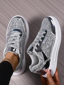 女士休闲亮片运动鞋，学生跑步鞋，闪亮亮片拼接女士休闲运动鞋，适合户外四季穿着，高性能运动鞋 - 銀色 - 查看 5