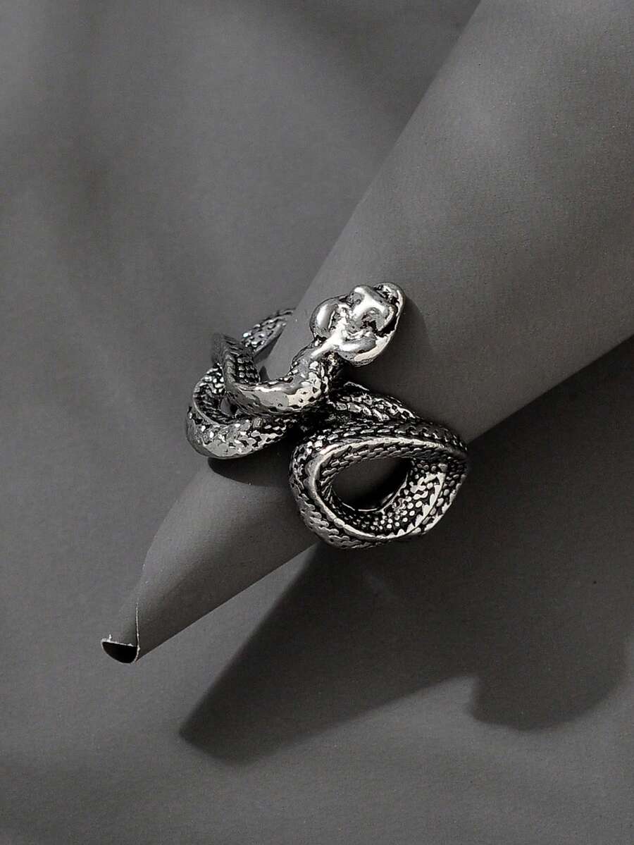 1 pieza Anillo de serpiente retro, anillo de banda versátil de estilo oscuro y punk para hombres - Anillo abierto en forma de serpiente - Ver 1