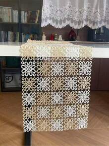 HXARTMIS 1PC, Exquisite Embroidered White & Coffee Table Runner, Polyester Machine-Made Floral Embroidered Tablecloth. Table Runner, Modern Table Runner, Table Runner, Table Centerpiece, Modern Table Centerpiece, Breakfast Placemats - Coffee White - View 4