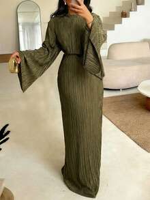Women's Spring Moss Green Pleated Fabric Flare Sleeve 2-Piece Long Dress Set, Elegant Casual For Party And Gathering - Army Green - View 4