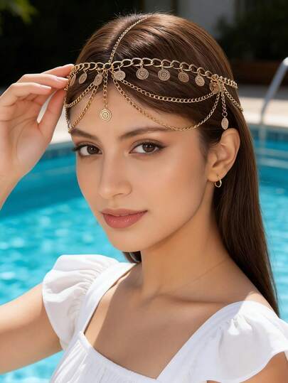 Fashion Bohemian Style Gold And Silver Alloy Chain-Shaped Crystal Pendant Hairband Is A Beautiful Piece Of Jewelry Suitable For Women To Wear At Parties, Ramadan, Festival Events And Daily Occasions. It Is Also A Suitable Accessory For Students And An Ideal Jewelry For Women., Head Accessories, Headpiece, Head Jewelry