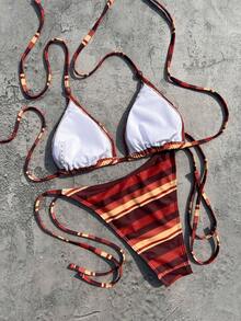 Women's Elegant Red & Orange Striped Halter Neck Swimsuit Set, Suitable For Spring/Summer Beach Vacation, Seaside Activities And Fashionable Festival Outfits - MultiWarna - View 8