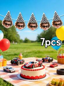 7/14/21pc Custom Photo & Text Race Car Themed Birthday Banner,Checkered Party Hat Design Banner,Personalized Baby Face Photo Banner, Party Backdrop,Black & White Checkered Race Car Theme Birthday Banner - Multicolor - View 8