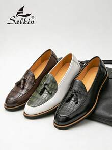 Salkin Classic Retro Men's Slip-On Loafers With Tassels, Elegant Gentleman's Leather Shoes With Luxurious And Soft Comfortable Feel, Suitable For Casual, Business, Formal Occasions Like School, Graduation, Office, Party, Wedding. Please Order One Size Up As The Sizing Runs Small, Suitable For Spring, Summer, Autumn Formal/Business Formal - Tassel Plaid Loafers - View 1