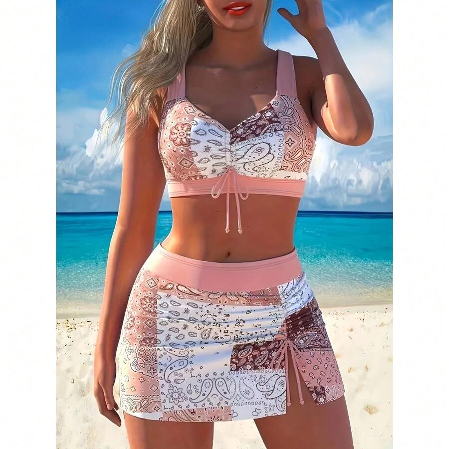 New Popular European And American Fast Drying Fabric High Waist Split Skirt Tankini Set Beach Vacation Swimsuit For Women - Hồng - Xem 1