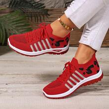 Women's Lightweight Non-Slip Breathable Leopard Print Fabric Lace-Up Low-Top Outdoor Casual Sports Shoes, Spring/Summer - Red - View 6