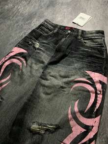 Y2K Women Baggy Jeans Retro Harajuku Distressed Ripped Wide Leg Cropped Pant High Street Rock Hip Hop Printed Clothing Jean - 黑色 - 查看 5