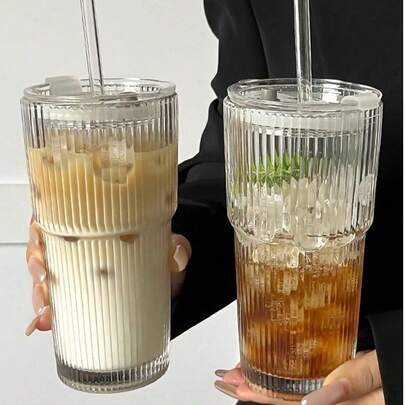 1 Set Striped Glass Cup With Straw And Lid, Portable Minimalist Style Water Bottle, Vertical Striped Glass Cup, Reusable High-Quality Coffee And Juice Cup, Multifunctional Beverage Container, Suitable For Home, Office, Beach, Various Gatherings, Applicable For Coffee, Tea, Milk, Iced And Latte