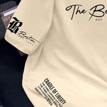 Men's Plus Size Casual Crew Neck T-Shirt With A Minimalist Design And Stylish Handwritten Fonts In Black Ink. - 杏色 - 查看 6
