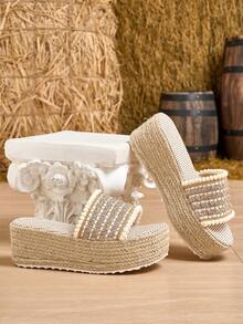 Hemp Rope Sole Wedge Thick Bottom Furball One-Strap Platform Fashion Women Shoes - Multicolor - View 1