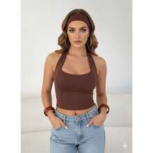 Women's Halter Neck Tank Top, High-Stretch Spandex, Perfect Fit, Casual Summer Top - Gaby - Rỉ Nâu - Xem 1