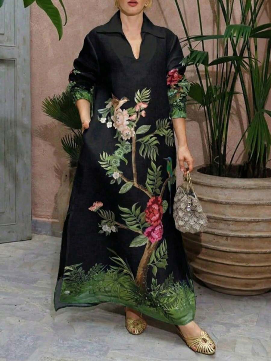 Plus Size Women Tree Print Pocketed Casual Dress, Suitable For Spring And Autumn Black - Black - View 1