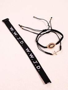 3件套 时尚独特设计 百搭个性化编织字母、十字架、圣母玛利亚吊坠手链套装，男女皆宜，日常佩戴及节日礼物首饰 - 彩色 - 查看 8