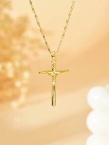 1pc Minimalist Unisex Jesus Statue Cross Pendant Necklace, Versatile Christian Cross Jewelry, Suitable For Daily Faith Outfit, Easter Gift - Yellow Gold - View 4