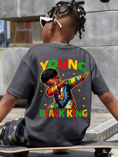 Boys' Casual Printed Round Neck T-Shirt, With "YOUNG BLACK KING" Slogan Graphic, Soft And Comfortable, Suitable For Teens In Spring And Summer