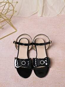 1 par de nuevos sandalias de tacón alto con cristales brillantes y lazos de PU para niñas, adecuadas para princesa, a juego con vestidos de verano, escenario, boda, festivales y uso diario - Negro - Ver 7
